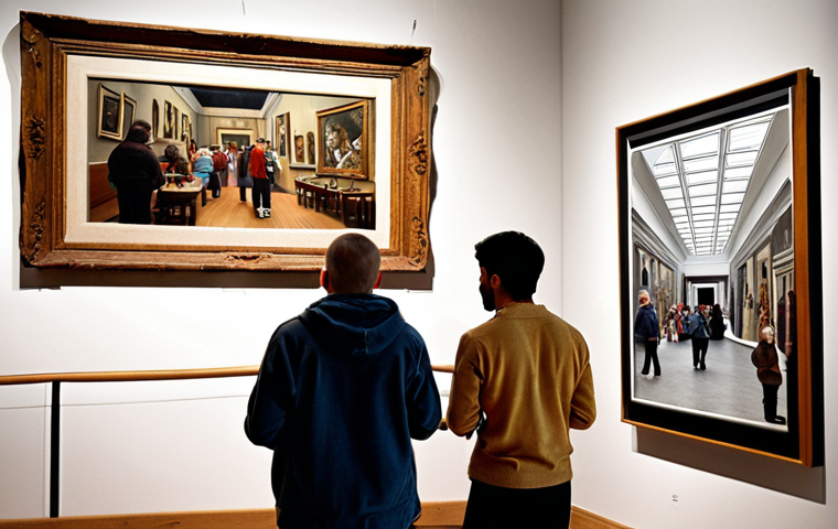 **

Ethnographic study. A museum scene. Focus on visitors interacting with the space. Observe people near artwork, cafe, and rest areas. Capture candid moments of people observing art.

**