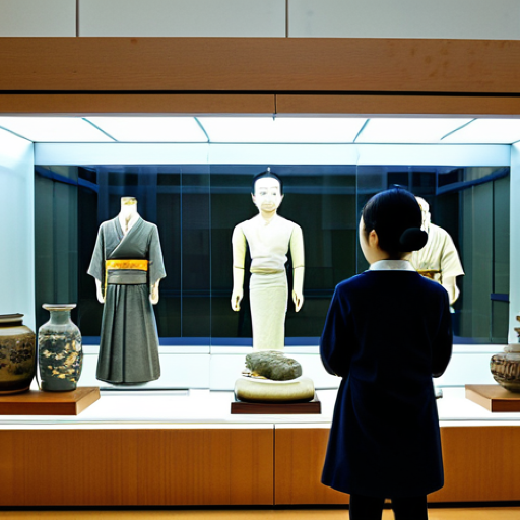 Museum Exhibition Hall**
"A brightly lit museum exhibition hall featuring ancient Japanese artifacts behind glass displays, fully clothed visitors observing with interest, appropriate content, safe for work, professional photography, perfect anatomy, correct proportions, well-formed hands, modest attire, showcasing cultural heritage, traditional art, family-friendly"
**