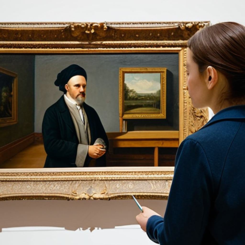 A museum curator in a modest outfit, carefully examining a painting in a well-lit gallery, fully clothed, appropriate content, safe for work, professional, perfect anatomy, natural proportions, high quality.