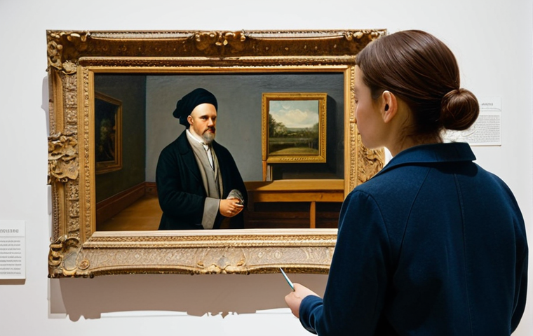 A museum curator in a modest outfit, carefully examining a painting in a well-lit gallery, fully clothed, appropriate content, safe for work, professional, perfect anatomy, natural proportions, high quality.