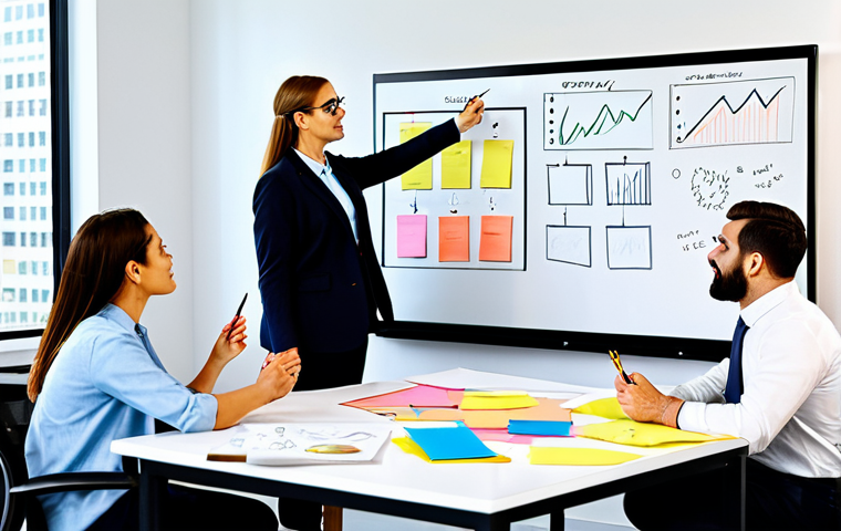 미술문화기획사의 팀워크 향상 방법 - A diverse team brainstorming creative ideas in a modern office. Whiteboard filled with sketches, sti...