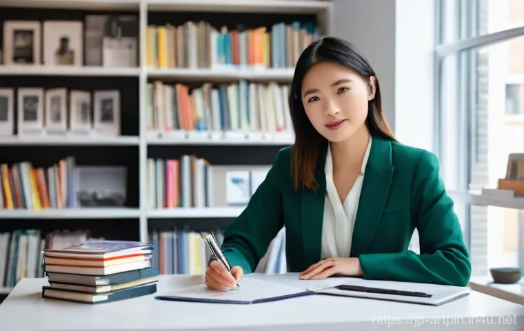 미술문화기획사의 업무 성과 보고서 작성법 - **Prompt 1: "The Art of Reporting"**
    A bright, well-lit studio workspace with a female professio...