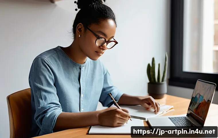 미술문화기획사의 국제 자격증 취득 방법 - **Left Panel (Study Focus):** The person is seated comfortably at a minimalist desk in a warm, well-...