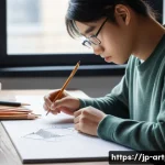 미술문화기획사의 실기 대비 시간 관리 전략 - A focused young Japanese art student sitting at a wooden desk in a bright, modern studio, wearing ca...