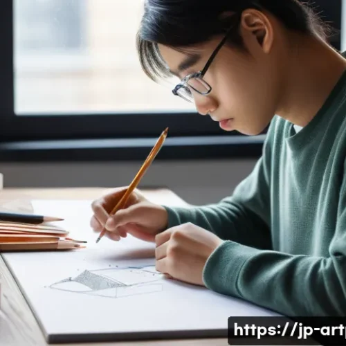 미술문화기획사의 실기 대비 시간 관리 전략 - A focused young Japanese art student sitting at a wooden desk in a bright, modern studio, wearing ca...