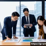 미술문화기획사의 자격증 시험 채점 기준 - A modern museum exhibition planning scene showing a diverse team of Japanese professionals collabora...