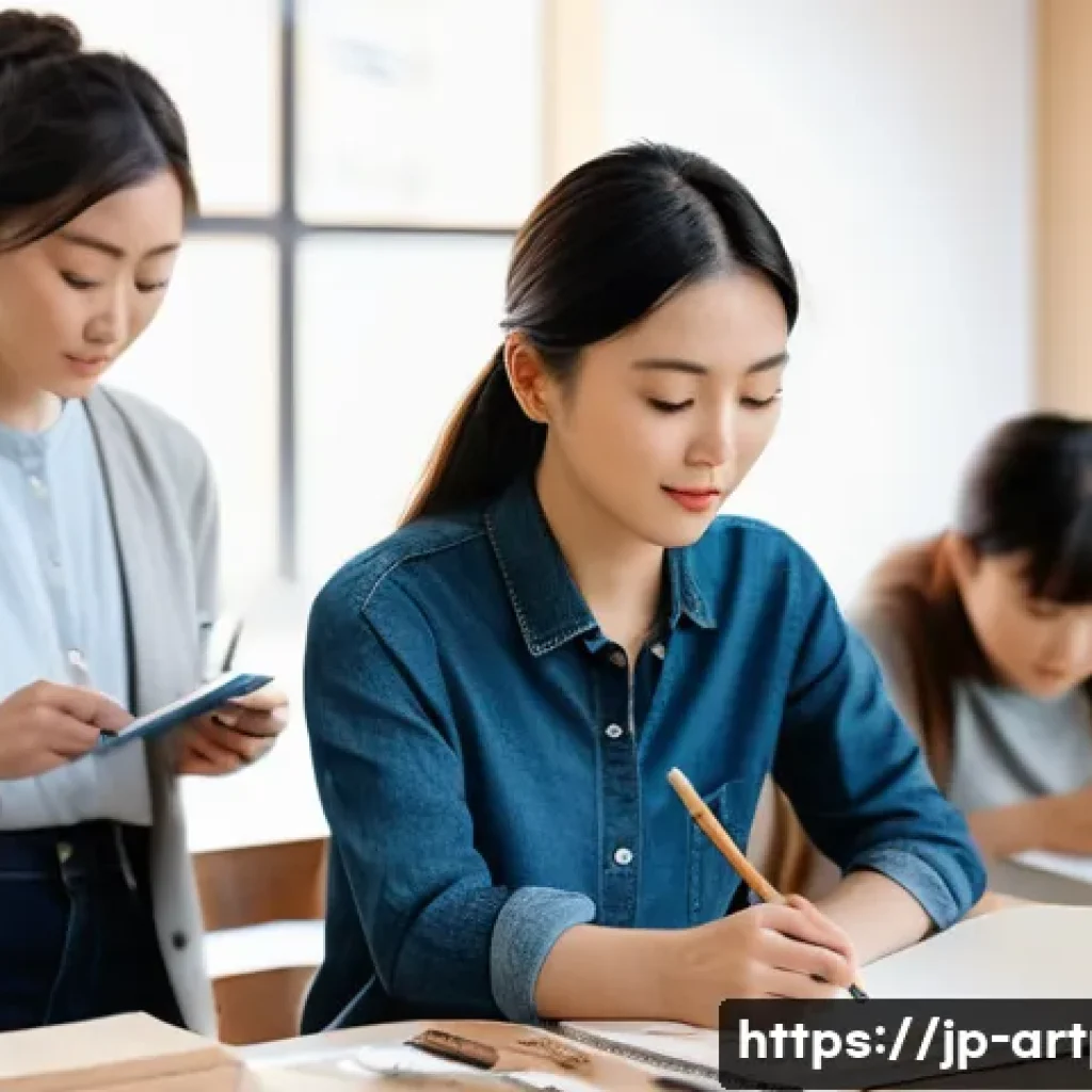 미술문화기획사로서의 평생 학습 방법 - A modern Japanese art workshop scene in a bright, spacious room filled with natural light, featuring...