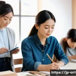 미술문화기획사로서의 평생 학습 방법 - A modern Japanese art workshop scene in a bright, spacious room filled with natural light, featuring...