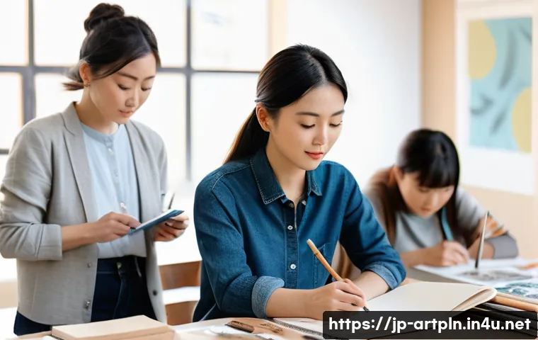 미술문화기획사로서의 평생 학습 방법 - A modern Japanese art workshop scene in a bright, spacious room filled with natural light, featuring...