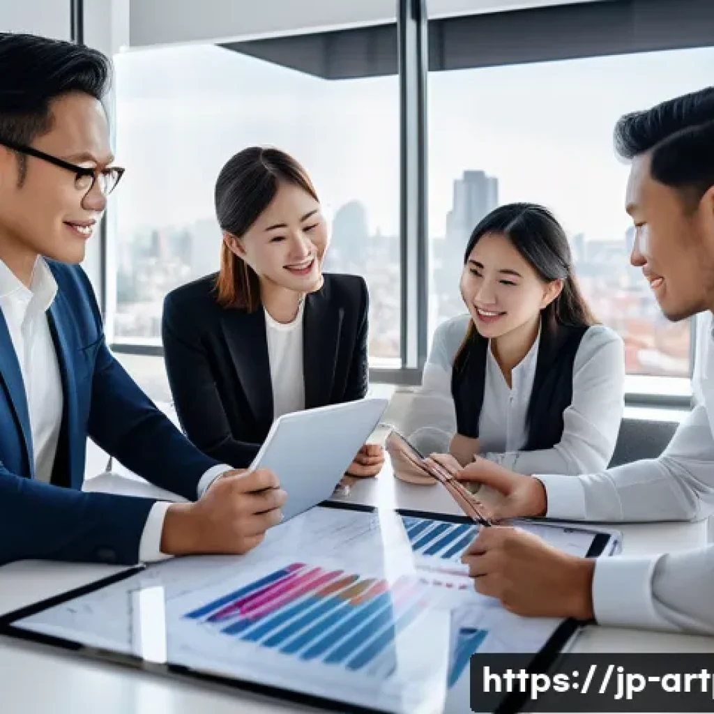 미술문화기획사의 연간 목표 설정법 - A modern art planning company team meeting in a sleek, bright office with large windows overlooking ...