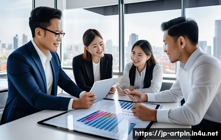 미술문화기획사의 연간 목표 설정법 - A modern art planning company team meeting in a sleek, bright office with large windows overlooking ...