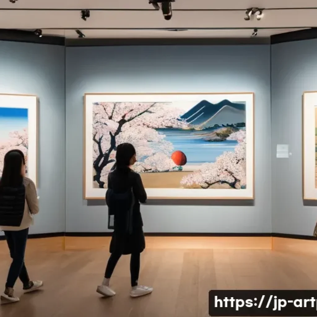 미술문화기획사로 이직하기 위한 준비 방법 - A modern Japanese art gallery interior during a cultural event, showcasing traditional Japanese artw...