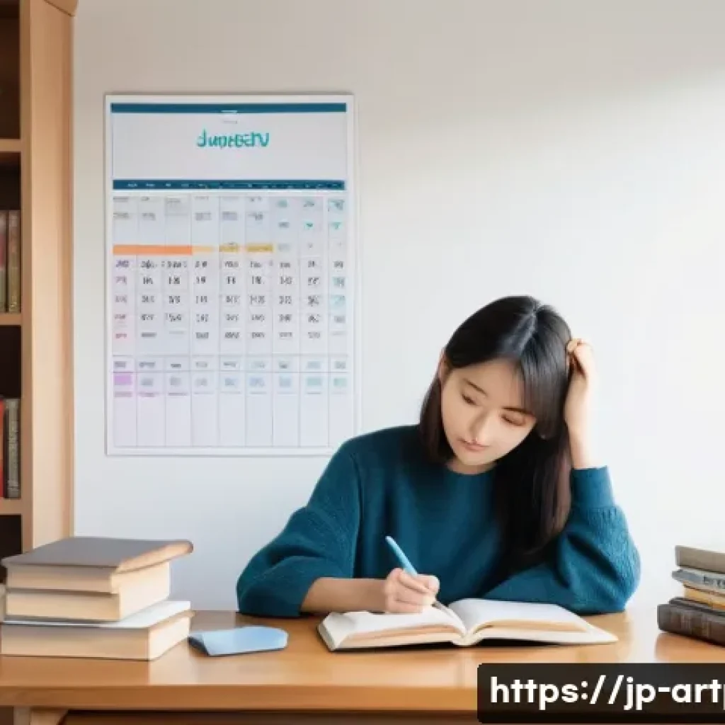 미술문화기획사 자격증 합격률 통계 - A modern Japanese study room scene featuring a young Japanese adult woman sitting at a wooden desk w...