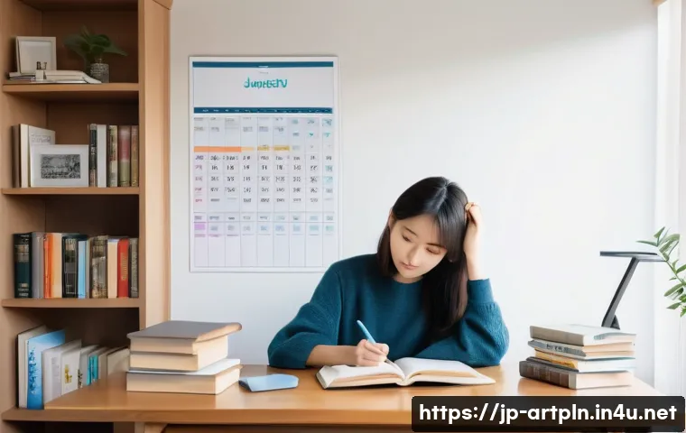 미술문화기획사 자격증 합격률 통계 - A modern Japanese study room scene featuring a young Japanese adult woman sitting at a wooden desk w...
