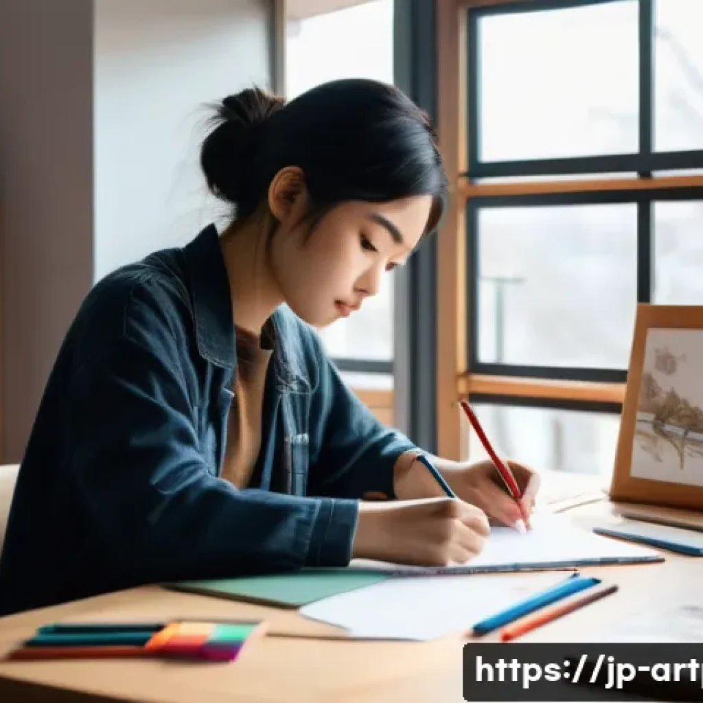 미술문화기획사의 실기 대비 개인 연습 방법 - A focused artist’s workspace featuring a Japanese young adult in casual modern attire, sitting at a ...