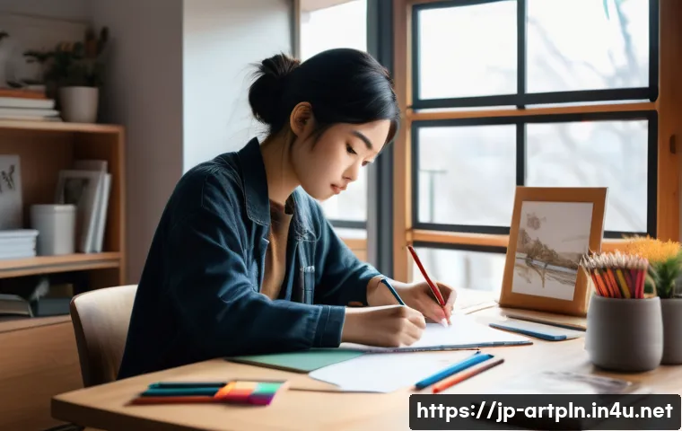 미술문화기획사의 실기 대비 개인 연습 방법 - A focused artist&rsquo;s workspace featuring a Japanese young adult in casual modern attire, sitting at a ...