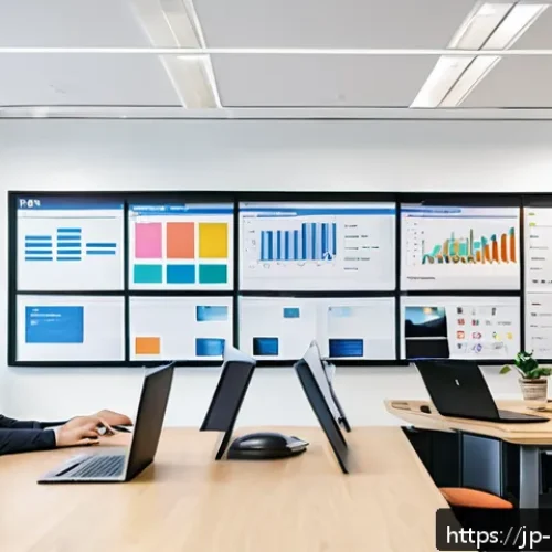 미술문화기획사의 주요 업무 효율성 개선 방법 - A modern Japanese office environment focused on digital project management tools: a diverse team of ...