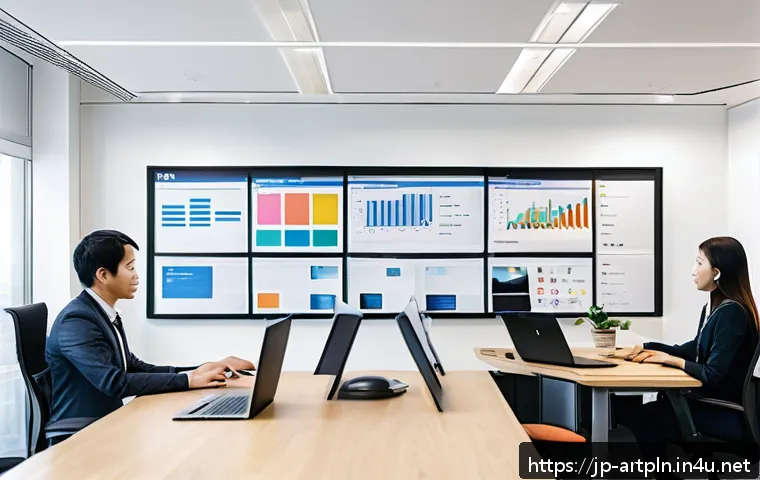 미술문화기획사의 주요 업무 효율성 개선 방법 - A modern Japanese office environment focused on digital project management tools: a diverse team of ...