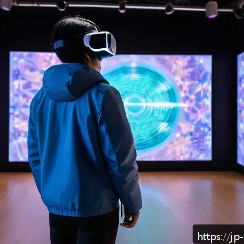 미술문화기획사의 직무 연관성 높은 학문 분야 - A modern digital art exhibition space blending VR and AR technology, featuring visitors wearing casu...