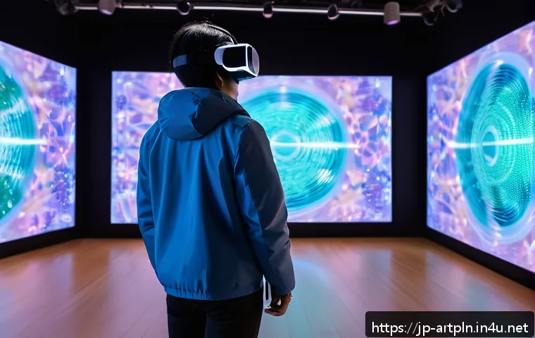 미술문화기획사의 직무 연관성 높은 학문 분야 - A modern digital art exhibition space blending VR and AR technology, featuring visitors wearing casu...
