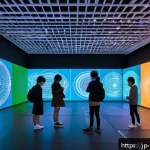 미술문화기획사의 주요 고객 대상 프로젝트 - A futuristic interactive art exhibition space set in a sleek modern gallery in Japan, featuring visi...