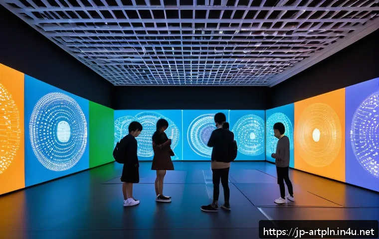 미술문화기획사의 주요 고객 대상 프로젝트 - A futuristic interactive art exhibition space set in a sleek modern gallery in Japan, featuring visi...