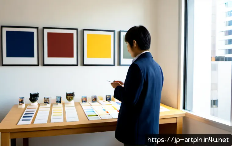 미술문화기획사로서의 경력 전환 이야기 - Photorealistic career transition scene in a contemporary Tokyo art district office, a Japanese mid-c...