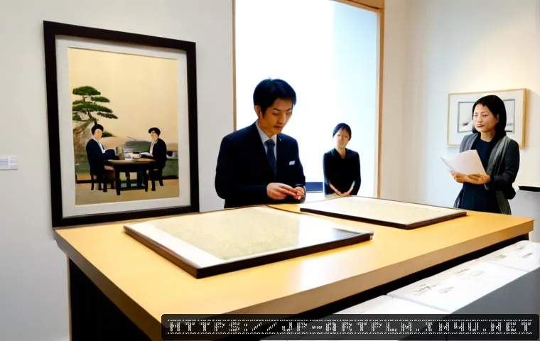 미술문화기획사의 비즈니스 모델 사례 - Photorealistic art cultural planning agency meeting in a refined Japanese gallery space, diverse tea...